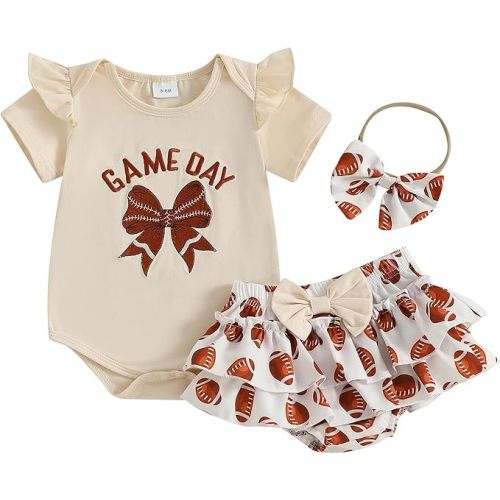 Baby Girl Football Outfit Game Day Bow Romper Rugby Layered Bloomers Shorts Boutique Summer Clothes+Headband