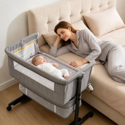 Kmaier Baby Bassinet 3 in 1 Foldable Portable Crib,6 Adjustable Height,with Wheels,Baby Bassinet Rocking-Grey
