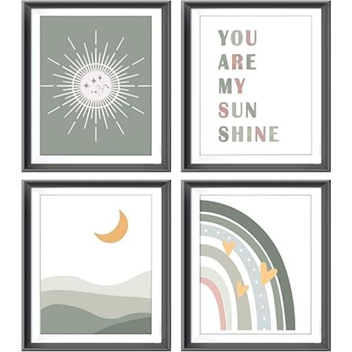 You are My Sunshine Boho Sun Green Sun Sunshine Moon Mountain Rainbow Poster Prints for Girls Kids Room Nursery Playroom Decor,Inspirational Quote Decorations Prints Wall Art Unframed 4pcs 8x10inches