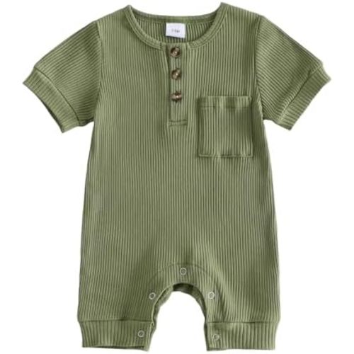Twopumpkin Newborn Baby Boy Short Sleeve Romper Jumpsuit Ribbed Onesie Neutral Outfit Summer Clothes 0 3 6 9 12 Months Outfit