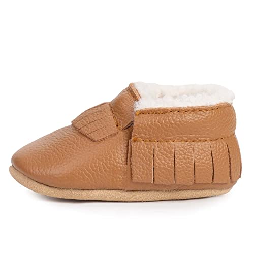 BirdRock Baby Sherpa Moccasins - Cozy, Genuine Leather Winter Shoes for Boys and Girls