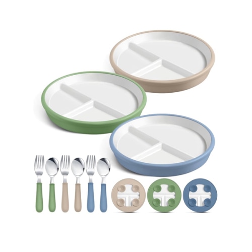 3 Pack 8" Large Porcelain Toddler Plates Feeding Set, Ceramic Kids Suction Plates with Anti Slip Silicone Sleeve for Baby 3 Spoons and Forks Divided Kids (Blue,Green,Beige)