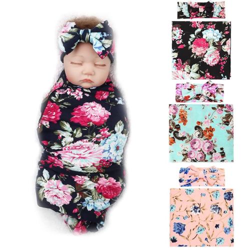 DRESHOW BQUBO Newborn Floral Receiving Blankets 3 Sets Newborn Baby Swaddling with Bow Headbands Sleepsack Toddler Warm Shower Gift