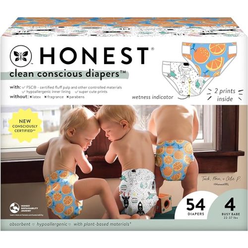The Honest Company Clean Conscious Diapers for Sensitive Skin | Hypoallergenic, Fragrance Free | Gender Neutral Prints | Club Box, Size 4 (22-37 lbs), 54 Count