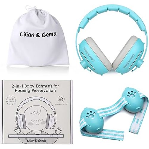 Lilian&Gema 2-in-1 Baby Ear Protection, Noise Cancelling Headphones for Babies up to 48 Months, Adjustable Baby Headphones for Infant & Toddler, Babies Ear Muffs for Airplane Travel, Blue