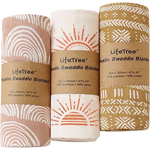 LifeTree 3 Pack Muslin Swaddle Blankets - Soft Bamboo Cotton Baby Swaddle Blankets Unisex for Boys & Girls Newborn - Earthy Color Collection, Lightweight, Breathable, Large 47 x 47 inches