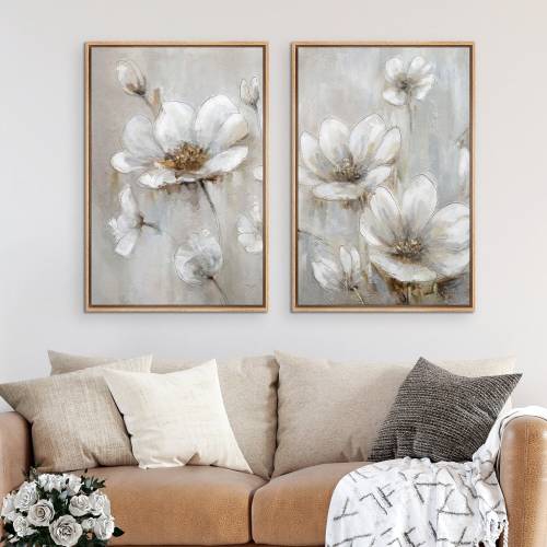 Framed Canvas Wall Art Set of 2 Beige Gray Flowers Floral Botanical Prints Minimalist Modern Art Neutral Boho Wall Decor