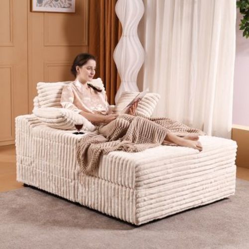 WhizMax Chaise Lounge Chair Indoor with Storage Ottoman, Upholstered Corduroy Sofa Bed Cloud Couch with 3 Pillows for Living Room, Bedroom (Beige)