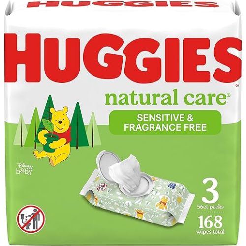 HUGGIES Natural Care Sensitive Baby Wipes, Unscented, Hypoallergenic, 99% Purified Water, 3 Flip-Top Packs (168 Wipes Total)