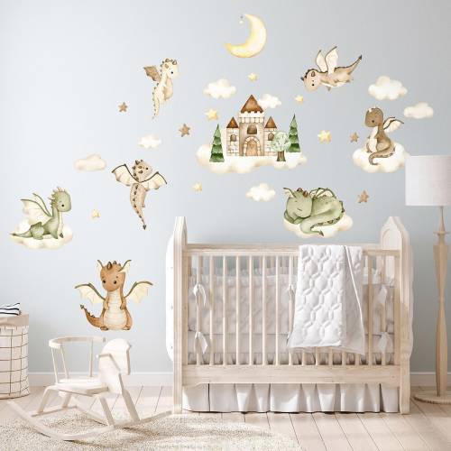 DRAGONS and Clouds Wall Decal, Dragons Wall Stickers, Watercolor Dragons, Castle Wall Decal, Fairy Tale Wall Sticker, Moon and Stars Decal