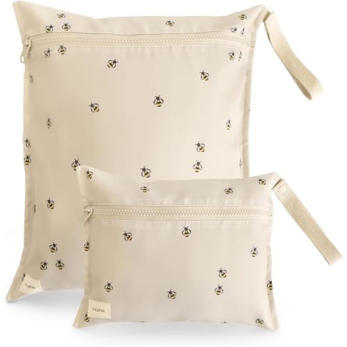 mushie Water Resistant Wet Bags | Large & Small Reusable Storage Bag for Baby Items and Travel | Zippered Pockets with Handle | Machine Washable, Set of 2 (Bees)