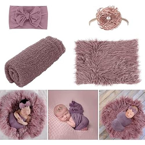 AOKE Newborn Photography Props - 4 PCS Baby Photo Props Long Ripple Wraps DIY Blanket with Headbands, Purple Toddler Wraps Photography Mat Set for Baby Boys and Girls