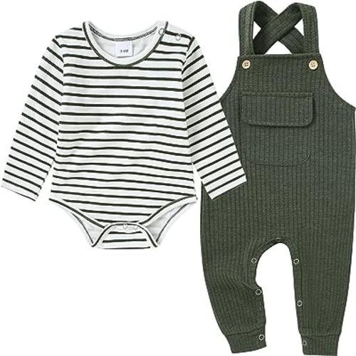 CARETOO Newborn Baby Boy Clothes Infant Boy Romper Fall Winter Outfits Bodysuit 2Pcs Striped Long Sleeve Top Overalls 0-18M