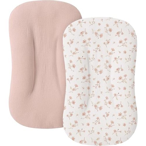 Muslin Baby Lounger Cover for Newborn & Infant, 100% Cotton Soft and Breathable Lounger Slipcover for Baby Girls and Boys, Pack of 2 (Blushing Floral)