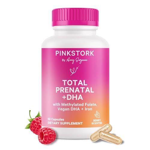 Pink Stork Total Prenatal Vitamins with DHA, Folate, Iron, Choline, and Vitamin B12 - Prenatals for Women to Support Fetal Development, Pregnancy Must Haves, Berry Essence, 60 Capsules, 1 Month Supply