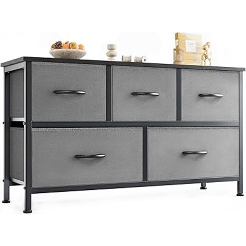 OLIXIS Dresser for Bedroom with 5 Drawers, Wide Chest of Drawers, Fabric Bedroom Dresser with Drawer Organizers, Storage Organizer Unit with Fabric Bins for Closet, Living Room, Hallway, Grey
