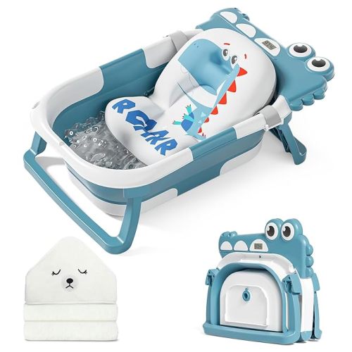 Teal MoreFeel Collapsible Baby Bathtub for Newborn with Thermometer & 1 Hooded Towel & 1 Soft Floating Cushion,Portable Travel Bathtub with Drain Hole, Durable Foldable Baby Tubs for Infants to Toddler