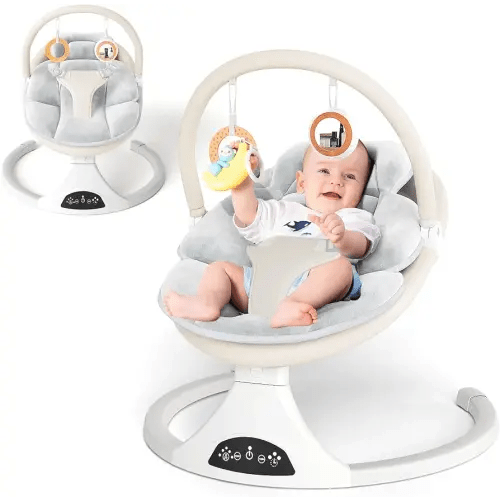Electric Baby Swing with Remote Control - 5 Natural Motion Speeds, Detachable Seat Pad | Portable Infant Swing for Indoor/Outdoor Use (0-6M, 20lbs) (Beige)