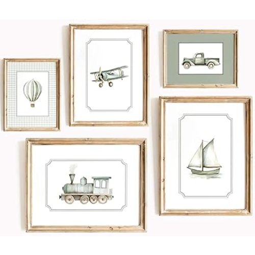 Sage Green Nursery Wall Art Boys Room Canvas Poster Kids Wall Decor Vintage Vehicle Prints Baby Toddler Pictures Transportation Plane Painting Train Truck Artwork for Bedroom 8x10 Inch Unframed