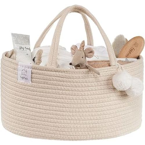 Baby Diaper Caddy Organizer- Rope Nursery Storage Bin- Portable Diaper Storage Basket for Changing Table and Car- Perfect Baby Shower & Registry Gift (Beige)