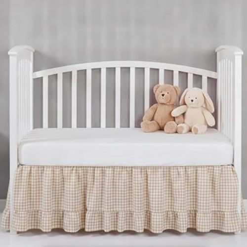 Gingham Crib Skirt Dust Ruffle 52 x 28 Inch 100% Washed Cotton Ruffle Plaid Baby Crib Bed Skirt Soft Farmhouse for Boys & Girls Nursery Bedding Decor, Fits Standard Cribs(Beige)