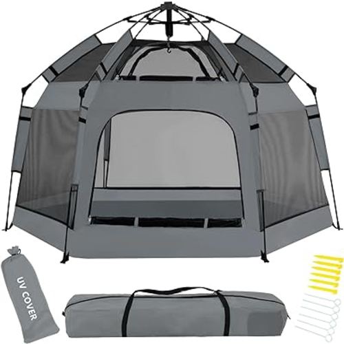 Baby Playpen with Canopy, Pop Up Baby Beach Tent with Safety Lock, Portable Toddler Play Yard with Travel Bag, 6 Ground Stakes, 6 Sand Stakes, 1 UV Cover for Indoor Outdoor Beach