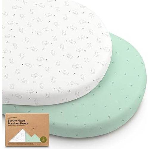 2-Pack Organic Bassinet Sheets for Girls, Boys - 100% Cotton Bassinet Mattress Sheets Compatible with Halo Bassinest Swivel Sleeper, Graco, Baby Delight, Chicco, Unisex Fitted Bassinet Sheets(Bunnies)