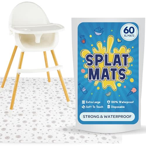 60 Pack Disposable Splat Mats by Eli with Love - Extra Large 49"x49" 100% Waterproof Baby Splat Mat for Under High Chair - Plastic Mat Liner for Floor - Protect from Spills (Moon & Stars, 60 Pack)