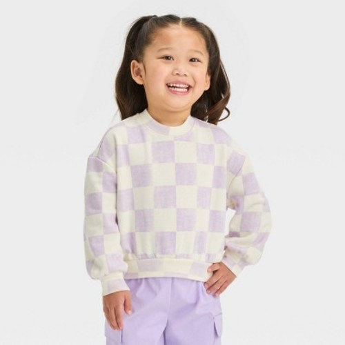 Grayson Mini Toddler Girls' Oversized French Terry Checkered Crewneck Sweatshirt - Purple, Size: 12M