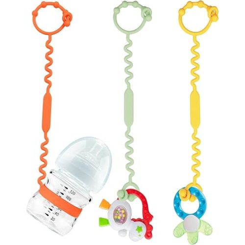 Toy Straps for Baby, Silicone Toy Straps for Stroller, Toy Safety Straps for Teether Toy, Pacifier, Sippy Cup Straps, Adjustable Toy Holder for Stroller, High Chair - BPA Free (Orange,Yellow,Cyan)
