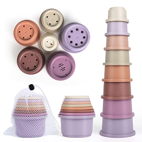 Baby Stacking Cup for Toddler 1-3, 8PCS Counting Nesting Measuring Cups Set, Stackable Bath Toy for 6-12 Months Kids, Educational Montessori Gift for Boys and Girls, Natural Sugarcane Cups for Rabbits