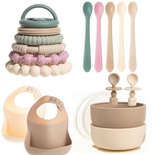 Silicone Baby Essentials Set – Tan Stacking Toy, Feeding Bibs, Suction Bowls With Spoons & First-stage Spoons – Bpa-free, Safe For Infants & Toddlers