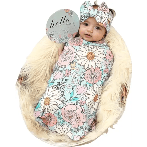Galabloomer Newborn Receiving Blanket Headband Set Baby Flower Swaddle (Blue Glass)