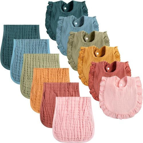 Newcotte 12 Pcs Baby Muslin Bibs and Burp Cloths Set Cotton Absorbent Baby Bibs Burping Cloths for Toddler Unisex Girls Boys Soft Adjustable Drooling for Newborn Teething