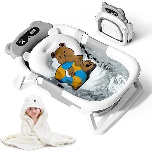Collapsible Baby Bathtub for Newborn to Toddler (0-24 Months), Portable Baby Tub with Thermometer, Newborn Bathtub for Infants with Soft Towel and Floating Cushion (Gray)