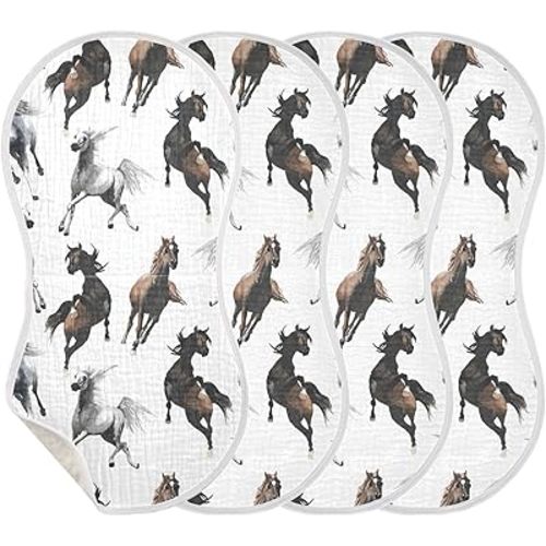 Burbuja Running Horses Muslin Baby Burp Cloths, Soft & Absorbent Cotton Burping Rags for Newborn Boys & Girls, 4 Pack