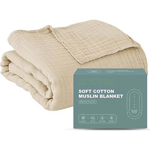 Cosy Family 4 Layer Muslin Bed Blanket - Breathable and Lightweight Gauze Boho Blanket for Spring, Soft 100% Cotton Muslin Blanket, Light Tan, 55x80 Inches