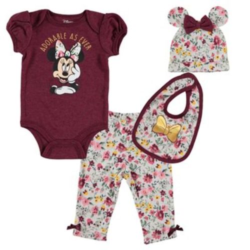 Disney Minnie Mouse Baby Girls Bodysuit Pants Bib and Hat 4 Piece Outfit Set Newborn to Infant