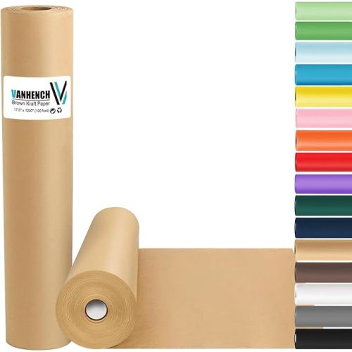 Vanhench Brown Wrapping Paper Roll, Craft Kraft Packing Paper 17.5"x 1200"(100') for Birthday Gift Bulletin Board Arts Bouquet Flower Table Covering Poster Moving Supplies 70GSM 50LB