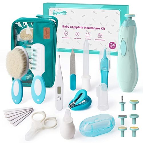 Baby Healthcare and Grooming Kit, 24 in 1 Baby Electric Nail Trimmer Set, Lupantte Nursery Care Kit, Toddler Nail Clippers, Medicine Dispenser, Infant Comb, Brush, etc. Baby Care Products - Green - 24 Piece Set