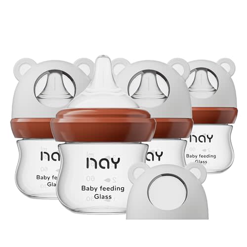 yanyoyo Natural Glass Baby Bottle for Breastfeeding Babies, 3oz Newborn Anti-Colic Baby Bottle with Slow Flow Nipples (SS), Clear, Wide Neck, 4 Pack, 0 Months+