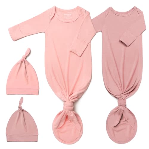 2Pack Knotted Gown Baby, Super Soft Long Sleeve Newborn Hospital Outfit Boy Girl Coming Home, Built-In Mittens Clothes