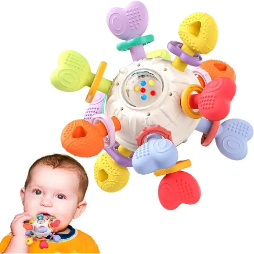 Baby Montessori Rattle & Teething Toys - Safe, Multi-Functional BPA-Free Silicone Sensory Learning Teether Baby Toys for Infant 0-12 Months Teething Relief & Fun Play Perfect Baby Gift for Boys Girls