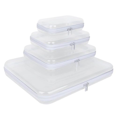 Owfeel 4PCS Clear Hard Shell Zipper Case, Plastic Double Zippered Storage Organizer Pouches for Travel, Transparent Cosmetic Bag for Make Up Tools, Toiletries, Toy Storage