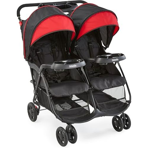 Kolcraft Cloud Plus Lightweight Double Stroller Side-by-Side for Infant Toddler, Compact Folding Travel System with Reclining Seats, Canopies, Storage Basket, Trays, Easy Maneuver – Red Black