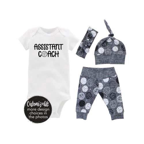 Volleyball Assistant Coach Baby Coming Home Outfit Girl or Boy Gray Yoga Leggings Knot Hat Headband Gift Set Volleyball Newest Member Team