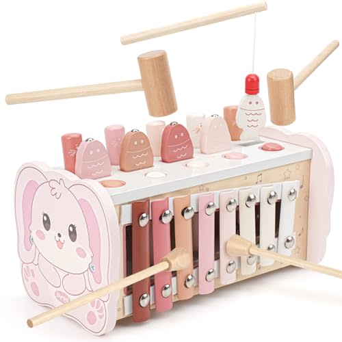 Joyreal Montessori Toys for 1 Year Old Girl Gift - Pink Wooden Hammering Pounding Toy with Xylophone & Fishing Game - Toddler Learning Activities for Kids 1+ 2 3 Year Old Christmas Birthday Gifts