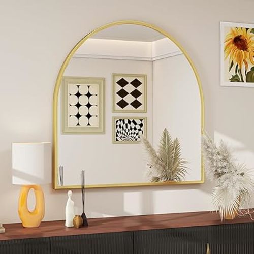 BEAUTYPEAK 31"x32" Arch Bathroom Mirror, Wall Mounted Vanity Metal Frame Mirror for Bedroom, Entryway, Living Room, Gold