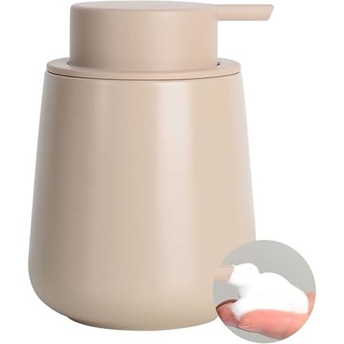BosilunLife Foam Hand Soap Dispenser - 12 oz Bathroom Lotion Pump for Kitchen and Hand Wash - Khaki Ceramic Dish Liquid Dispenser