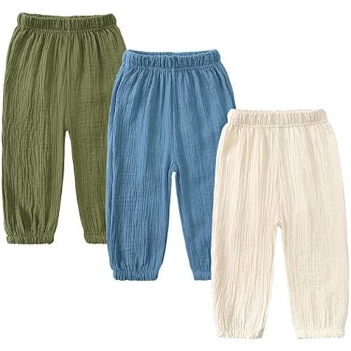 Kids Tales 3 Pack Boys Girls Cotton Linen Pants Child Basic Plain Solid Trousers Big Kids Elastic Waist Long Pants Bloomers